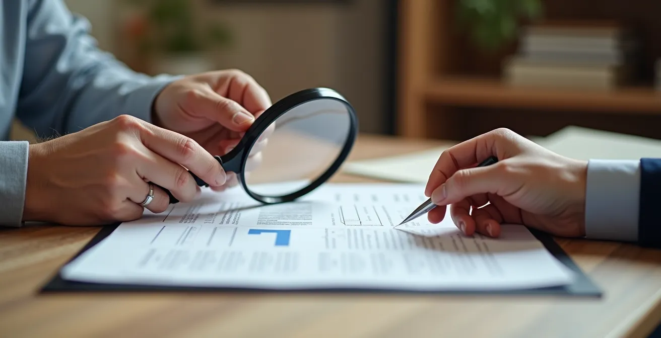 Mains analysant méticuleusement un contrat d'assurance avec une loupe révélant les détails