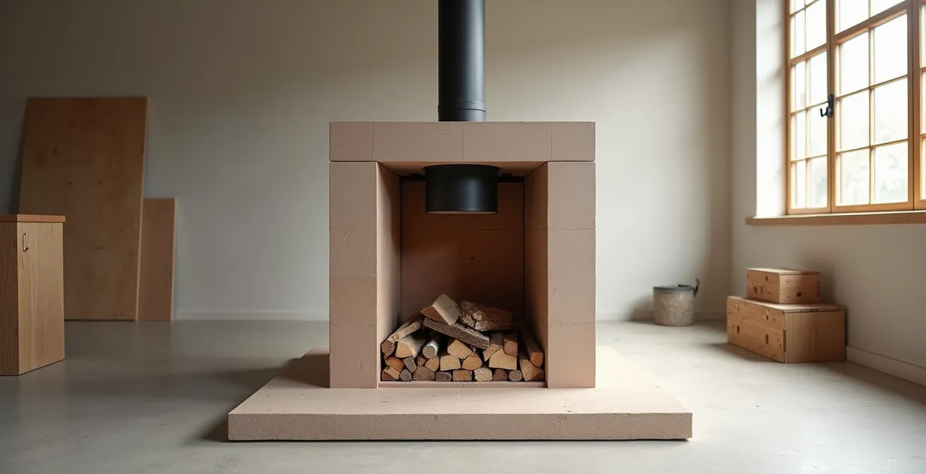 Vue en coupe d'un foyer de poêle montrant l'architecture interne et les matériaux réfractaires