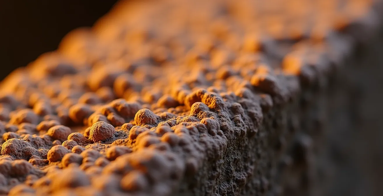 Détail macro d'une plaque de chamotte montrant sa texture granuleuse et sa robustesse